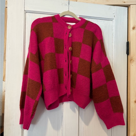 Rita Row Sweaters - Rita Row bright Pink and Brown Checkered Cardigan